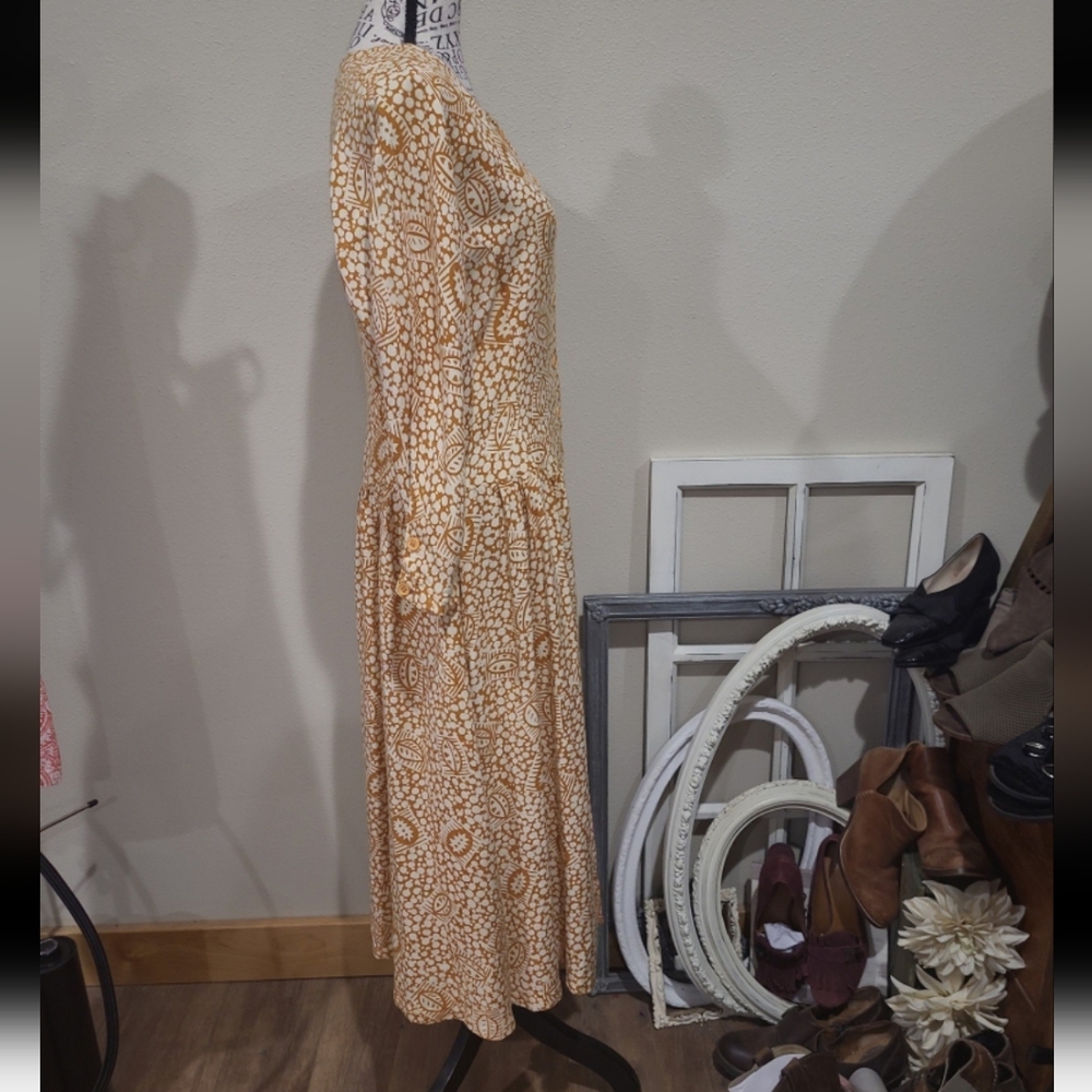 Vintage Starina Women SZ M Marigold floral Midi dress modest button down pockets - Picture 4 of 11